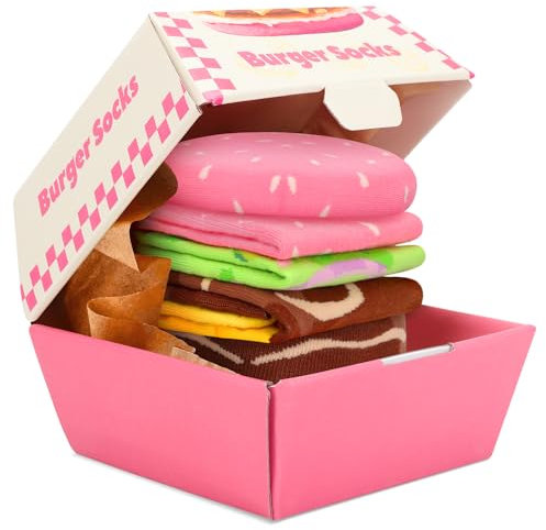 Lustige Burger Socken Box Damen Mädchen Mama Oma Freundin - Bunte Lustig Witzige Coole Socken mit Motiv - Hamburger Geschenke für Sie - Muttertagsgeschenk Weihnachten Ostern Geburtstags Geschenkideen