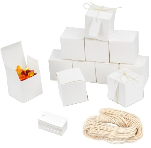 NAROSEBE 50 Stück Karton Geschenkboxen Hochzeit Kraftpapier Geschenkboxen mit Deckel Kraftpapierbox Geschenkschachtel klein Pralinenschachtel Leer mit Juteseilen für Geschenke Party Geburtstag 7*7*7cm