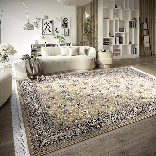 Villeroy & Boch Kurzflor Teppich Alfred - Orientalischer Wohnzimmerteppich - Dicht gewebt mit Fransen - Klassischer Teppich für Wohnzimmer, Schlafzimmer, Esszimmer, Flur – Rot Beige, 128x190cm