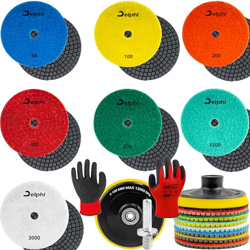 DELPHI Nass Diamant Schleifscheibe Polierset 7 Stück Diamantscheiben Set 100mm zum Schleifen Polieren von Feinsteinzeug, Keramik Körnung 50-3000 mit Wollpad M12-Adapter und Schutzhandschuhe