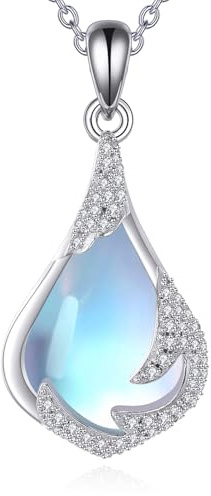 YAFEINI Mondstein Kette für Damen 925 Sterling Silber Ozeanwellen Halskette Blauer Edelstein Tropfen Anhänger Halskette Schmuck Geschenke (Mondstein Kette)