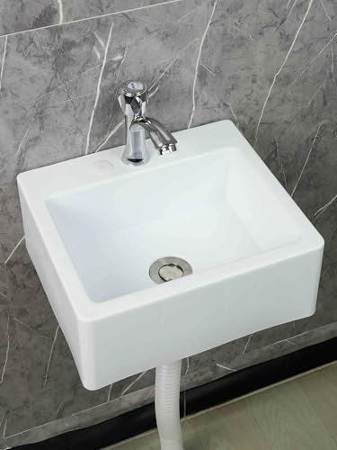 XRB2050 Lavabo Mural en Résine, 33.5x29x13cm/13x11.4x5inch Lavabo Carrée à Suspendre au Mur, Lavabo Suspendu avec Bonde pour la Salle de Bain et Les Toilettes Blanc B Robinet Froid Simple
