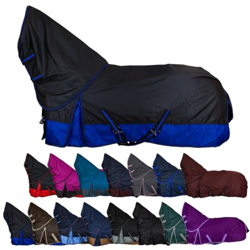 RL24 - Weidedecke Full Neck Basicline 600D Schwarz/Royalblau 145 cm | Polarfleecefutter – als Regendecke & Übergangsdecke – wasserdichte Outdoordecke mit Kreuzbegurtung – Pferdedecke
