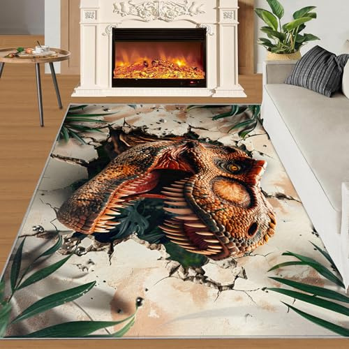 Dinosaurier-Teppich für Wohnzimmer, 180 x 270 cm, Jurassic Dino Teppich, schmutzabweisend, waschbar, rutschfest, 3D-Tier-Stil, T-Rex, Wand-Thema, weicher niedriger Flor, rechteckiger Teppich