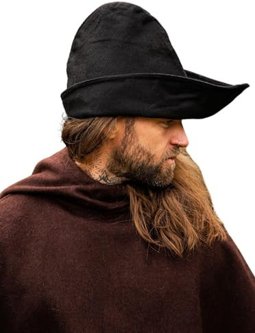 Leonardo Carbone® Herren Kopfbedeckung Robin Hood-Hut | Asymmetrischer Rand | Mittelalterlicher Stil | Karneval, Halloween, Cosplay, LARP, Hut, Mütze, Accessoire | Wolle Schwarz Einheitsgröße
