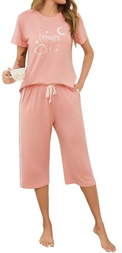 Terecey Ensembles de Pyjama Femme Ete en Coton Vêtements de Nuit Col Rond 2 Pièces Ensemble Femme Short et Haut Doux Confortable