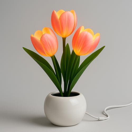 Pink Tulips - Lamp LED Light – Artificial Flower Night Light with Realistic Flowers in White Ceramic Pot – Soft Pink Glow for Bedroom, Living Room, Desk – 20cm Tall - Decorative Home Accent Lighting
