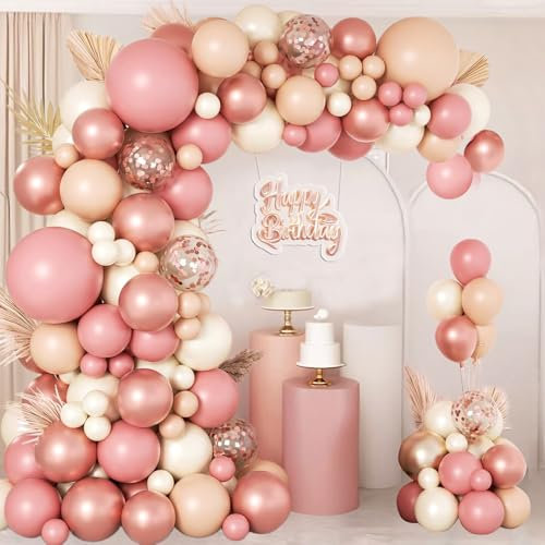 Ghirlanda di palloncini rosa, 114 pezzi, stile retrò, beige, bianco, con palloncini, rosa metallizzato, oro rosa, per boho di compleanno, matrimonio, baby shower, decorazioni