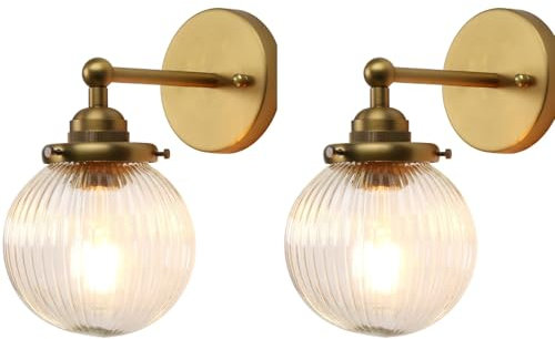 Pathson Set de 2 Vintage Industriel Applique Murale E27 Luminaires Intérieur Abat-jour en Verre Globe Ø15CM Lampe Murale pour Salon,Cuisine, Salle de bain (Laiton Antique 2PCS)