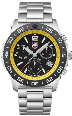 Luminox Pacific Diver Herren Taucheruhr 44 mm Edelstahl – Quarz Chronograph 20 bar, Edelstahlarmband Silber, schwarzes Zifferblatt, Datum, Leuchtzeiger XS.3145.M