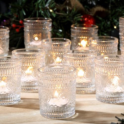 Ligtmor Pack of 24 Transparent Tea Light Cups, Polka Dot Glass Tea Light Holders with Embossed Dot Pattern, Romantic Vintage Candle Holder