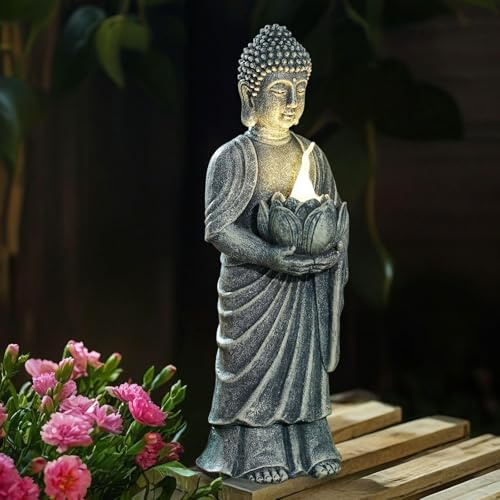 Yeomoo Solar Buddha Figur mit Lotospodest LED-Licht Deko - 28cm Wetterfeste Zen Figur für Garten, Terrasse & Wohnzimmer - Geschenk für Frauen, Mama Männer (Meditation, Yoga, Feng Shui) Grau