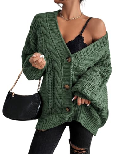 BUhuiBabubu Cardigans for Women UK - Womens Oversized Chunky Open Front Cardigan Sweaters Autumn Winter Cable Knit Long Sleeve Button Down Cardigans Outwear Coats Gifts for Her,Green,M,u792k