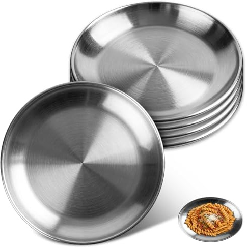 DAOOZHU Plato redondo de acero inoxidable de 20 cm, 5 piezas | ligero, estable y sin olor, apto para lavavajillas y apilable, para camping, picnic, desayuno y uso diario
