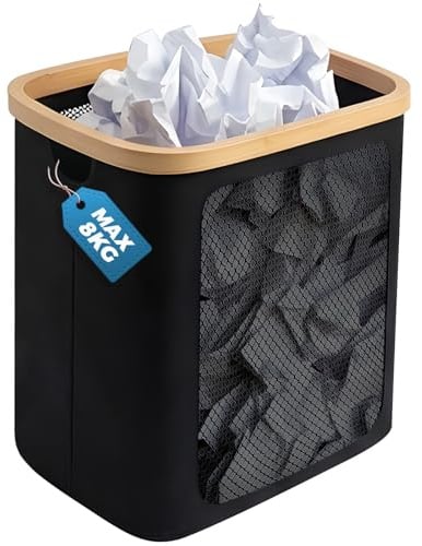 Biigdan Rectángulo Plegable Papelera Escritorio, Visualización Papelera Oficina, Bambú & Tela Oxford Cubo de Basura para Oficinas en Casa,Salas de Estudio,Escritorio (Negro)