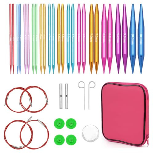 Rundstricknadeln Set Austauschbar, 13 Paar Aluminium Austauschbare Rundstricknadeln, 3,0-10,0 mm stricknadeln rundstricknadel mit Aufbewahrungstasche, 4 Längen verstellbar, für Strickprojekte