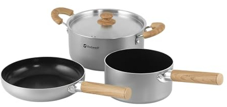 Outwell Feast Ceramic Cookware Set Non-Stick Camping Pots & Pans Set with Detachable Handles, Induction Compatible Aluminium Cooking Set with Carry Bag