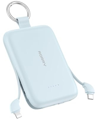 RORRY CharmGo 10000mAh Powerbank, Klein Power Bank PD 30W Schnellladen | Akku-Pack mit integriertem Kabel und Schlüsselanhänger, Tragbarer Externer Akku für iPhone 17/16/15,AirPods 2/3/4/Pro, Blau