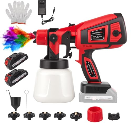 Pistola Pintura Batería 200W, 1000ml sin Cable,Pistola de Pintura Eléctrica con 5 Boquillas y 3 Modos para Paredes, Techos, Muebles, Vallas, Armarios, Uso Interior/Exterior, Incluye 2 Baterías