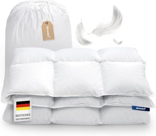 DREEMA Original leichte Feder- und Daunendecke 200x220 | Extra flauschig, anschmiegsam & voluminös | in Deutschland gefertigt | Downpass Zertifiziert | Allergiker geeignet | Baumwollbezug