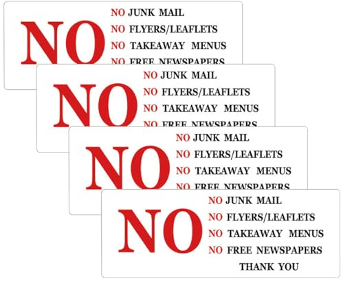 FELTECHELECTR No Junk Mail Label Sticker for Door and Mailbox, 4pcs Pvc Self Adhesive Mailbox Labels, Easy to Use and Avoid Loss, Suitable for Office and Home Use