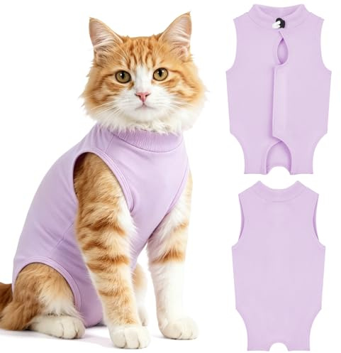 OFFCUP 2 Piezas Body de Recuperación para Gatos, Gatos Postoperatorio Hembra para Evitar Que se Laman Las Heridas, Suave y Cómodo, Gata Camiseta de Recuperación, Púrpura, Talla S