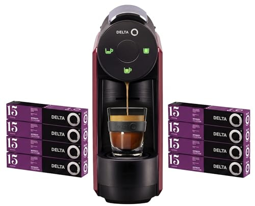 Delta Q - Pack Cafetera con Cápsulas - Mini Qool Roja - Para Cafés, Té y Bebidas Calientes - Sencilla y Práctica - Diseño Elegante - Incluye 8 Blíster x 10 Cápsulas de MythiQ (Total 80 Cápsulas)