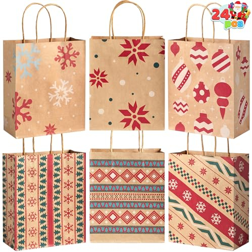 JOYIN 24 Geschenktüten aus Kraftpapier, für Weihnachten, mit verschiedenen Weihnachtsmotiven, für Geschenktüten aus Kraftpapier, Goody für Weihnachten, Klassenzimmer und Geschenke
