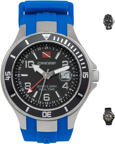 Cressi Traveller Dual Time - Professionelle Taucheruhr, widerstandsfähig 200m / 20 ATM, Silber/Schwarz/Blau, Einheitsgröße