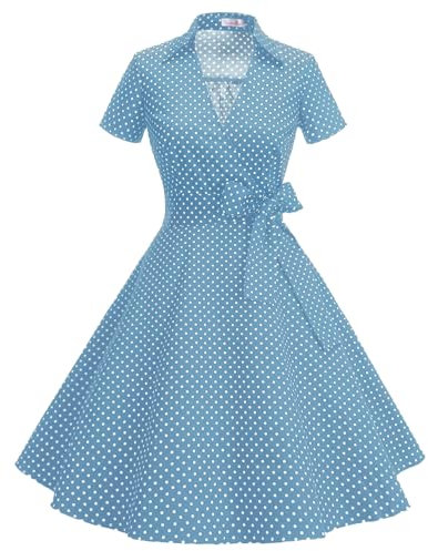 Timormode Robe Années 50's Audrey Hepburn Rockabilly Swing,Plissé Robe à Manches Courtes 10084Skyblue S