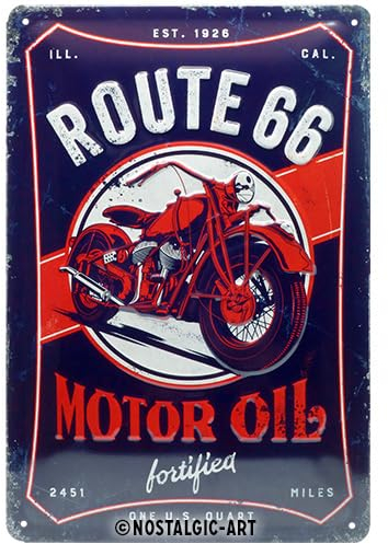 Nostalgic-Art 22315 Retro Blechschild Route 66 Motor Oil – Geschenk-Idee für USA-Fans, aus Metall, Vintage-Design zur Dekoration, 20 x 30 cm