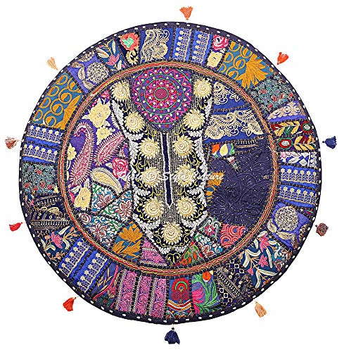 Stylo Culture Ethnisch Dekorativ Rund Bodensitzkissen 70x70 cm Groß Sitzpolster Kissen Vintage Dunkelblau Boho Patchwork Schöne Sitzkissen Baumwolle Bestickt Bodenkissen Ecke