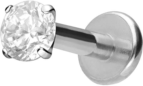 PIERCINGLINE Titan Labret Stecker Gewinde EINGEFASSTER KRISTALL Silberfarben 3 x 1,2 x 6 mm Piercing Lippe Nase Ohr