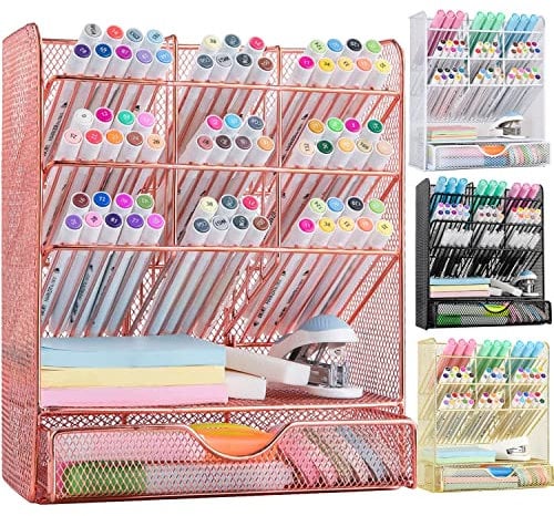 Spacrea Organiseur de bureau – Organisateurs de bureau et accessoires, porte-crayons avec 10 compartiments et 1 tiroir (or rose)