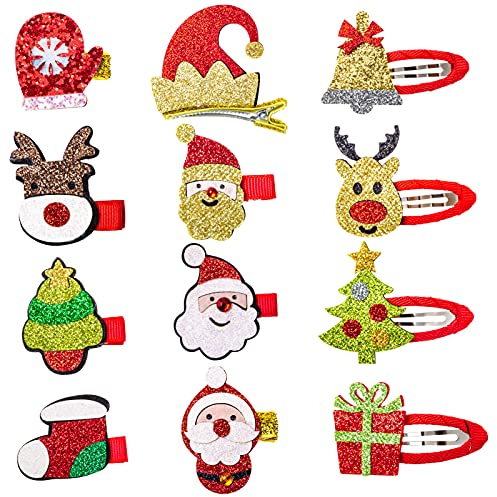 MELLIEX 12 Stück Weihnachten Haarspangen, Glitter Weihnachts Haarclips Karikatur Snap Haarklammern Haarschmuck für Mädchen Kinder