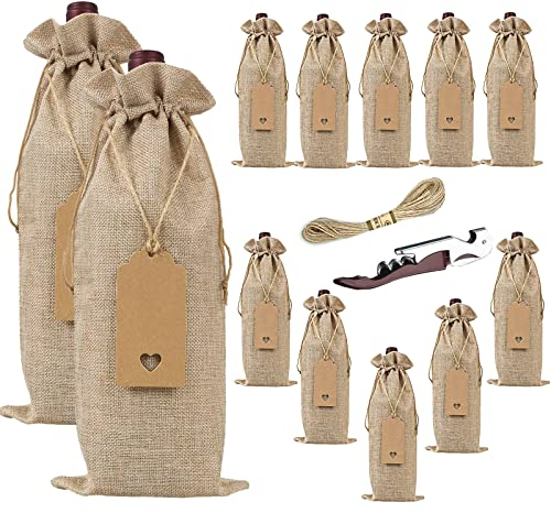 Penubuy 12 bolsas de vino de arpillera con cordón con etiqueta y cordel(Natural)