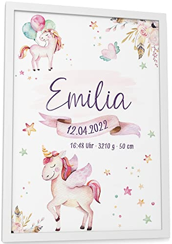 Papierschmiede® Geburtsposter, Name & Geburtsdaten personalisiert, DIN A4 (21x30 cm), Geburtsposter, Geburtsanzeige, Baby Geschenk Bild Geburt - ohne Rahmen - Einhorn Lila Rosa Mädchen