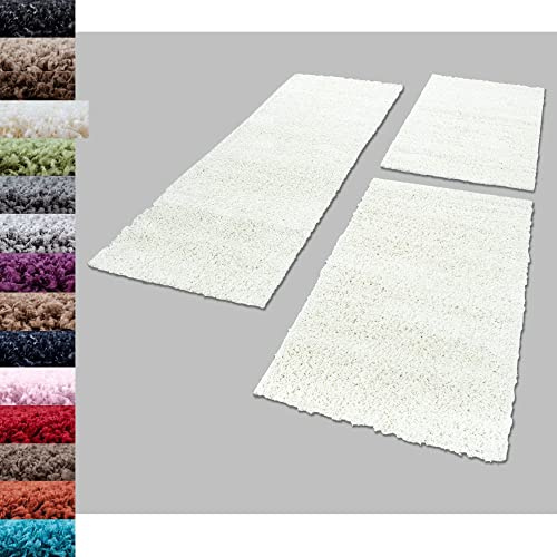 Carpettex Bettumrandung Schlafzimmer 3teilig Shaggy Teppich Hochflor Einfarbig Creme Bettset:2 mal 80x150 + 1 mal 80x250 - Bettvorleger Schlafzimmer Läuferset Weicher Flauschig Bettumrandung Teppich