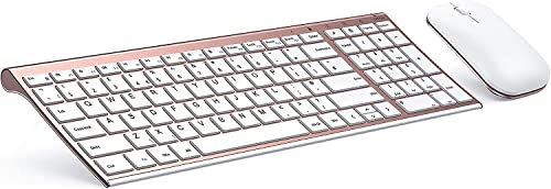 seenda Tastatur Maus Set Kabellos, Wiederaufladbare Aluminium Tastatur mit kompaktes Design, Ultradünne und Leise Funktastatur mit Maus für PC/Laptop/Smart TV, 1200 DPI, QWERTZ Layout, Weiß&Rosagold