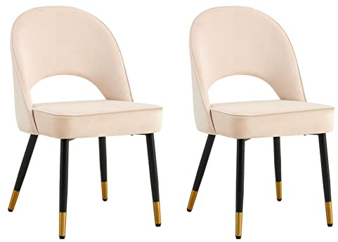 HYGRAD BUILT TO SURVIVE Padded Velvet Dining Chairs with Black Metal Legs - Modern Kitchen Side Chairs for Living Room/Bedroom/Kitchen, Upholstered Velvet Seat (2, Cream)