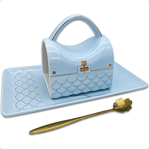 SISETOP Geldbeutelbecher, kreative Lucky Lock Handtasche-Kaffeetasse, 370 ml, große Porzellan-Kaffeetasse mit Untertasse und goldenem Kleeblatt-Löffel, niedliche Tasse, Jahrestag, Babyblau