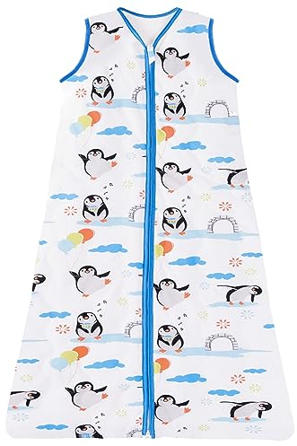 Chilsuessy Schlafsack Baby 2.5 Tog Winterschlafsack Babyschlafsack aus reine Baumwolle Winter Schlafanzug ohne Ärmel 70-130cm für Neugeborene und Kinder, Pinguin Familie, 70cm/Baby Höhe 60-75cm