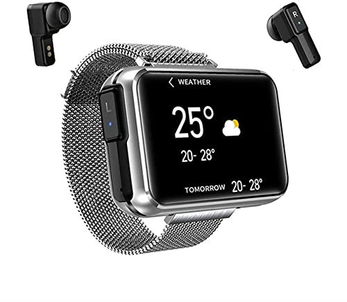 TWS Smart Watch with Earbuds Compatible with iPhone & Android, Headphones in Ear Square Smartwatch for Men Women, Fitness Tracker 1.4'' Touch Screen SpO2 Heart Rate Monitor (Silver)