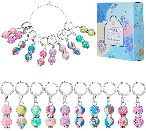 SUNNYCLUE 1 Box 20 Stück Maschenmarkierer Häkelstichmarker Niedliche Runde Polymer Ton Perlen Charms Zum Anklipsen Abnehmbare Hebelrücken Reißverschluss Anhänger Verriegelnde Strickmarker Für Garne D
