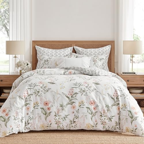 Levtex Home Viviana Reversible King Duvet Cover Set (106x94in) with 2 Pillowcases (36x20in) - Floral - Blush, Green, White - Cotton King Size Duvet Cover Set - Soft, Pre-Washed