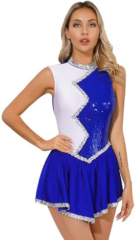 CHICTRY Kürkleider Eiskunstlauf Damen Ärmellos Ballettkleid Pailletten Glitzer Tanzbody Zweifarbig Patchwork Trikot Mit Wickelrock Dancewear Blau M