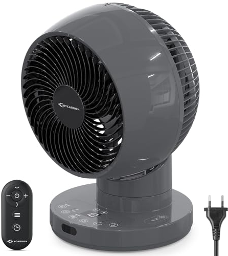 MYCARBON Turbo Ventilateur Silencieux 20dB Moteur DC 12h Minuteur Planification de Démarrage et d’Arrêt 3D Oscillation 3 Modes Petit Ventilateur de Table avec Télécommande pour Chambre, Bureau, Gris