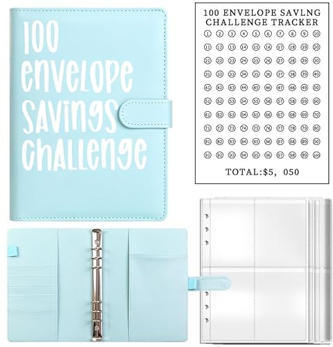 LoHxa Budget Planner,100 Envelope Challenge Binder Haushaltsbuch A5 Planner PVC Umschläge Bargeldfüllung PU Leder Budget Binder Money Saving Challenge Binder Bargeld Budget Notizbuch(Blau)