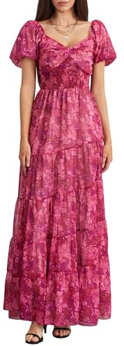 Women's Flower Print Maxi Dress Short Puff Sleeve Sweetheart Neck Tunic Waist A-Line Dress 2024 Summer Trendy Dress (A-Purple, M)