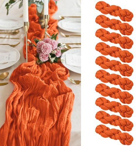 Pesonlook 10er-Pack orangefarbener Käsetuch-Tischläufer, 3 m orangefarbener Tischläufer aus Gaze-Käsetuchstoff, halbdurchsichtiger Tischläufer für Hochzeitsempfang, rustikale Boho-Party, Brautparty
